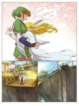 Rule 34 | 1boy, 1girl, :>, alderion-al, bird, blonde hair, blue eyes, blue sky, boots, bracelet, brown footwear, brown hair, carrying, cliff, cloud, comic, dress, dropping, earrings, english text, green headwear, hat, highres, house, jewelry, link, motion lines, nintendo, pointy ears, princess zelda, sandals, sky, speed lines, the legend of zelda, the legend of zelda: skyward sword, tree, tunic, twintails, white dress