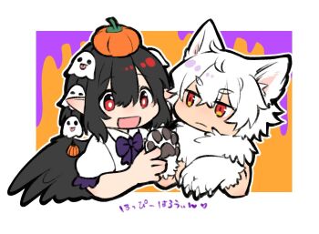 2girls alternate_costume animal_costume animal_ears animal_hands bird_wings black_hair black_wings bow bowtie closed_mouth collared_shirt commentary_request ghost_hair_ornament gloves halloween halloween_costume happy_halloween inubashiri_momiji long_hair min.k multiple_girls open_mouth paw_gloves pointy_ears pumpkin_hat purple_bow purple_bowtie red_eyes shameimaru_aya shirt smile touhou translation_request white_hair white_shirt wings wolf_costume wolf_ears wolf_girl