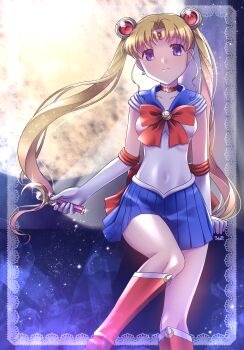 1girl back_bow bishoujo_senshi_sailor_moon blonde_hair blue_eyes blue_sailor_collar blue_skirt boots bow breasts choker circlet closed_mouth collarbone crescent crescent_choker crescent_earrings double_bun earrings elbow_gloves full_body gloves hair_bun highres himehachi_(hime8manga) holding holding_wand huge_moon jewelry long_hair looking_at_viewer magical_girl medium_breasts miniskirt moon moon_stick_(sailor_moon) red_boots red_bow red_choker sailor_collar sailor_moon sailor_senshi_uniform shirt skirt sleeveless sleeveless_shirt smile solo split_mouth tsukino_usagi twintails very_long_hair wand white_gloves white_shirt