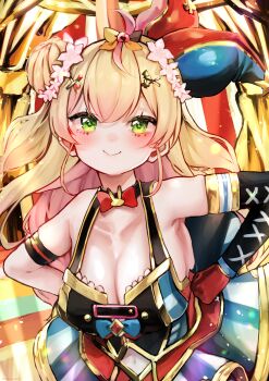 Rule 34 | 1girl, absurdres, alternate costume, black choker, blonde hair, blue skirt, breasts, choker, cleavage, commentary request, cosplay, flower, gloves, green eyes, hair bun, hair flower, hair ornament, hands on own hips, highres, hololive, large breasts, long hair, looking at viewer, momosuzu nene, omaru polka, omaru polka (1st costume), omaru polka (cosplay), red gloves, skirt, solo, very long hair, virtual youtuber, yuzuno wagiri