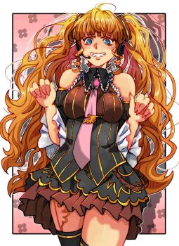 Rule 34 | 1girl, beatrice (umineko), beatrice (umineko) (cosplay), blonde hair, blue eyes, blush, breasts, commentary, cosplay, cowboy shot, detached sleeves, dress, embarrassed, english commentary, frilled sleeves, frills, hair ornament, headset, highres, long hair, looking at viewer, necktie, nervous, nervous smile, shy, smile, solo, thighhighs, twintails, umineko no naku koro ni, zucchinidraws