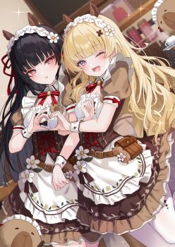 2girls :d alternate_costume apron black_hair blonde_hair breasts brown_dress chisa_(wuthering_waves) commentary_request dress enmaided hair_ornament hair_ribbon heart heart_hands heart_hands_duo highres kuramoto_beta-carotene long_hair looking_at_viewer maid maid_headdress medium_breasts mole mole_under_eye multiple_girls namipon_(wuthering_waves) official_alternate_costume one_eye_closed open_mouth parted_lips phoebe_(wuthering_waves) puffy_short_sleeves puffy_sleeves purple_eyes red_eyes red_ribbon ribbon short_sleeves smile wuthering_waves x_hair_ornament