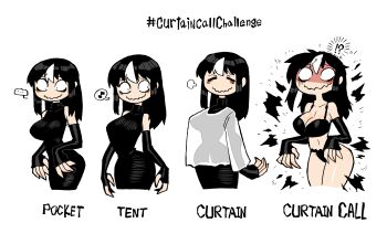 !? 1girl =_= absurdres bags_under_eyes black_bra black_dress black_hair black_panties bra breasts closed_eyes collarbone cowboy_shot curtain_call_challenge_(meme) detached_sleeves dress english_text exploding_clothes highres large_breasts long_dress long_fingers looking_down looking_to_the_side meme messy_hair multicolored_hair musical_note no_pupils noss_(rariatto) original panties rariatto_(ganguri) ribbed_dress sanpaku see-through_silhouette shaded_face shirt shirt_overhang sidelocks sigh speech_bubble spoken_musical_note streaked_hair turtleneck underwear vampire wavy_mouth white_background white_shirt