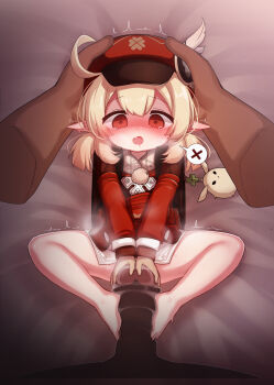 1boy 1girl age_difference backpack bag barefoot bed blonde_hair blush bottomless brown_bag clothes_lift dark-skinned_male dark_skin dress dress_lift elf embarrassed empty_eyes footjob full_body genshin_impact hand_on_another's_head handjob hat hetero imminent_penetration imminent_vaginal interracial klee_(genshin_impact) large_penis loli long_pointy_ears long_sleeves looking_at_penis looking_down low_twintails lying mihoyo mochikushi nervous on_back on_bed open_mouth penis pointy_ears pov pov_crotch pov_hands red_dress red_eyes red_hat scared solo_focus tears teeth twintails two-footed_footjob two-handed_handjob two-tone_dress uncensored upper_teeth_only variant_set very_dark_skin white_dress