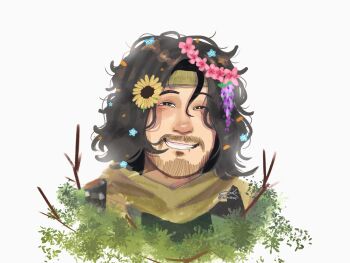 Rule 34 | 1boy, beard, black hair, commentary, eiikomae, english commentary, facial hair, facing viewer, flower, forget-me-not (flower), geranium, grin, hair flower, hair ornament, half-closed eyes, headband, highres, iron lung (movie), leaf, male focus, scarf, short hair, simon (iron lung), smile, solo, sunflower, textless version, tunic, upper body, wavy hair, wisteria