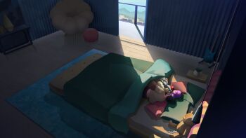 Rule 34 | absurdres, bed, black hair, cuddling, curtains, from above, highres, kpop demon hunters, lunardaise, mira (kpop demon hunters), morning, on bed, on pillow, pillow, polygamy, purple hair, rumi (kpop demon hunters), sunlight, under covers, yuri, zoey (kpop demon hunters)