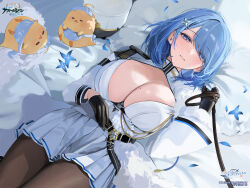 Rule 34 | 1girl, animal, azur lane, bed sheet, belt, bird, black belt, black gloves, black leash, black pantyhose, blue hair, blush, breasts, brown pantyhose, chain, chapayev (azur lane), chick, cleavage, cleavage cutout, closed mouth, clothing cutout, copyright name, copyright notice, flower, fur trim, gloves, hair ornament, hair over one eye, hairclip, half-closed eyes, hat, highres, holding, holding leash, jacket, kandzume (kandume200), large breasts, leash, logo, long sleeves, looking at viewer, lying, manjuu (azur lane), medium hair, military hat, miniskirt, mole, mole on breast, non-web source, official art, on back, on bed, pantyhose, peaked cap, petals, pillow, pleated skirt, pov, purple eyes, skirt, swept bangs, thighs, unworn hat, unworn headwear, viewer on leash, white hat, white jacket, white skirt