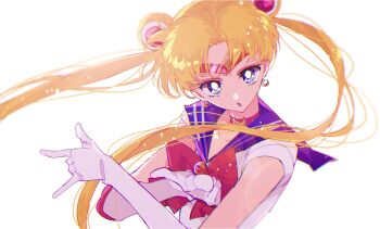 1girl bishoujo_senshi_sailor_moon blonde_hair blue_sailor_collar bow bowtie circlet commentary_request crescent crescent_earrings double_bun double_m/ earrings elbow_gloves floating_hair gloves hair_bun highres jewelry looking_at_viewer magical_girl pochi_(askas_is_god) red_bow sailor_collar sailor_moon sailor_moon_pose simple_background solo tsuki_ni_kawatte_oshioki_yo tsukino_usagi twintails upper_body white_background