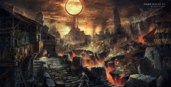 1boy armor artist_name ashen_one_(dark_souls) barrel bell_tower bleeding blood box broken building castle city cityscape cloud cloudy_sky copyright_name crack dark_souls_(series) dark_souls_iii debris decay destroyed destruction dragon dragon_wings earthquake fantasy fence fortress helm helmet highres jocus_wang lava outdoors pitfall post-apocalypse rubble ruins scenery sky solo stairs standing stone_stairs stone_wall sun third-party_source tower wagon_wheel wall water wings wooden_box wooden_fence