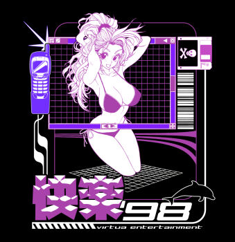 1990s_(style) 1girl bar_phone barcode bikini black_background breasts cellphone commentary commission cropped_legs dolphin english_commentary fake_scrollbar faux_retro_artstyle floppy_disk grid interface_censor large_breasts looking_at_viewer messy_hair open_mouth original phone ponytail purple_theme retro_artstyle skull_and_crossbones solo swimsuit system_st91 v-shaped_eyebrows vaporwave window_(computing)