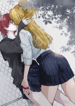 Rule 34 | 2girls, absurdres, asako (itiba), asymmetrical bangs, black nails, blonde hair, chain-link fence, commentary request, deidara (naruto), fence, genderswap, genderswap (mtf), green nails, hair over one eye, hand in another's hair, high ponytail, highres, jacket, kiss, leg between thighs, long hair, looking at another, looking at viewer, multiple girls, naruto (series), naruto shippuuden, orange eyes, panties, panty pull, pleated skirt, ponytail, red hair, red panties, sasori (naruto), school uniform, short hair, skirt, tree, underwear, yuri