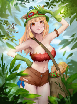 1girl absurdres arm_tattoo arm_up bag bare_shoulders breasts brown_bag brown_shorts dated feathers forest genderswap genderswap_(mtf) gloves green_gloves green_headwear grin highres humanization large_breasts league_of_legends long_hair mushroom nature navel orange_eyes outdoors plant scroll shorts shoulder_bag signature smile stomach tattoo teemo teeth torn_clothes torn_shorts xuan_xuan_xiao_tianshi