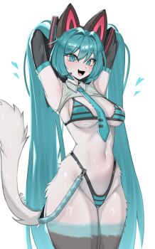 1girl absurdres alfakronoxis animal_ears animal_nose arms_behind_head arms_up artist_name bikini black_gloves blue_bikini blue_eyes blue_hair blush body_fur breasts cat_ears cat_girl cat_tail commentary cowboy_shot elbow_gloves english_commentary fang furrification furry furry_female gloves hatsune_miku headset heart highleg highleg_bikini highres long_hair looking_at_viewer navel open_mouth simple_background snout solo standing striped_bikini striped_clothes swimsuit tail twintails twitter_username very_long_hair vocaloid white_background white_fur wide_hips