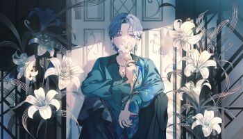 Rule 34 | 1boy, aoyagi touya, black nails, black pants, blue eyes, blue hair, blue shirt, colorful palette, covering own mouth, door, doorknob, ear piercing, earrings, fingernails, flower, game cg, highres, holding, holding flower, jewelry, male focus, multicolored hair, multiple rings, nail polish, official alternate costume, official alternate hairstyle, official art, omoi wo nosete! dream stage (project sekai), pants, piercing, project sekai, ring, shirt, single earring, solo, split-color hair, third-party source, two-tone hair, white flower