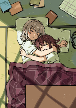 2girls absurdres blush book closed_eyes commentary cuddling from_above girls_band_cry grey_hair habsida_(habsida_hpy) hair_down highres hug indoors iseri_nina kawaragi_momoka kotatsu light_particles long_hair morning multicolored_hair multiple_girls on_floor open_mouth pillow red_hair roots_(hair) shirt short_sleeves sleeping sunlight table under_kotatsu under_table white_shirt yuri
