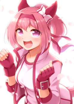 Rule 34 | 1girl, :d, animal ears, arakawa tarou, blush, bow, breasts, cherry blossoms, clenched hands, collarbone, commentary, ear bow, ear covers, falling petals, fingerless gloves, fingernails, flower-shaped pupils, gloves, hair between eyes, hair intakes, hairband, hands up, happy, haru urara (bestest prize) (umamusume), haru urara (umamusume), high collar, highres, horse ears, horse girl, horse tail, jacket, long hair, looking at viewer, medium breasts, official alternate costume, open clothes, open jacket, open mouth, petals, pink eyes, pink hair, pink hairband, pink petals, pink tail, ponytail, red gloves, shirt, simple background, smile, solo, symbol-shaped pupils, tail, three-quarter sleeves, umamusume, upper body, white background, white bow, white jacket, white shirt
