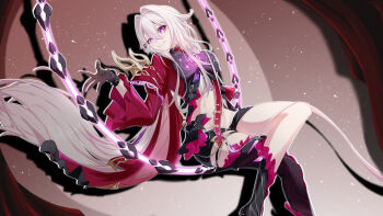 1girl absurdres black_boots black_gloves black_shorts boots bow bowtie chinese_commentary coat commentary_request crossed_legs gloves hair_intakes highres honkai_(series) honkai_impact_3rd long_hair midriff purple_bow purple_bowtie purple_eyes red_coat short_shorts shorts smile solo thelema_nutriscu thelema_nutriscu_(mad_pleasure:_shadowbringer) very_long_hair white_hair wuling_yl
