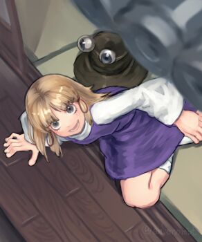 1girl :d blonde_hair brown_hat commentary_request envenomist_(gengoroumaru) grey_eyes hair_ribbon hand_on_floor hat long_sleeves lower_eyelashes_only medium_hair moriya_suwako multiple_hair_ribbons on_floor one-hour_drawing_challenge open_mouth purple_skirt purple_vest red_ribbon ribbon shirt shouji skirt sliding_doors smile socks solo tatami touhou unworn_hat unworn_headwear vest white_shirt white_socks
