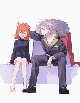 Rule 34 | > <, 1boy, 1girl, absurdres, ahoge, black sweater, closed eyes, coat, coat on shoulders, dress pants, fate/grand order, fate (series), fomnant, formal clothes, fujimaru ritsuka (female), full body, fur-trimmed coat, fur trim, grey hair, headpat, highres, jacket, looking at viewer, orange hair, pinstripe jacket, pinstripe pattern, pinstripe suit, red coat, shirt, sitting, smile, suit, sweater, takeda shingen (fate), takeda shingen (first ascension) (fate), turtleneck, turtleneck sweater, two-sided coat, two-sided fabric