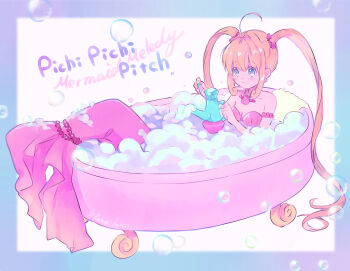 Rule 34 | 1girl, ahoge, armlet, bare shoulders, bathing, bead tail ornament, bikini, blonde hair, blue background, blue border, blue eyes, blush, border, bra, bracelet, breasts, bubble, cleavage, commentary request, earrings, fins, fish tail, hair between eyes, hano luno, highres, in bathtub, jewelry, long sidelocks, looking down, mermaid, mermaid melody pichi pichi pitch, monster girl, nanami lucia, nanami lucia (mermaid), necklace, partially submerged, pearl bracelet, pink tail, seashell, shell, shell bikini, shell earrings, shell necklace, sidelocks, signature, small breasts, smile, solo, swimsuit, tail, tail ornament, tail ring, twintails, twitter username, two-tone background, underwear, white background