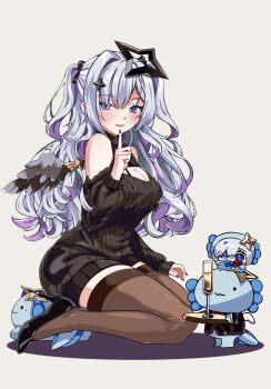 2girls amane_kanata amane_konata angel angel_wings black_nails black_shoes black_sweater black_thighhighs blush breasts chibi cleavage cleavage_cutout clothing_cutout commentary grey_hair hair_ornament halo high_heels highres hololive large_breasts long_hair looking_at_viewer multicolored_hair multiple_girls nail_polish purple_eyes purple_hair shoes smile star_(symbol) star_hair_ornament star_halo sweater thighhighs two-tone_hair two_side_up untranslatable_commentary upao_(amane_kanata) virgin_killer_sweater virtual_youtuber wings wpotion zettai_ryouiki