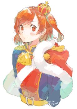 1girl aiguillette aijou_karen arms_at_sides belt belt_buckle blue_jacket blush brown_eyes brown_hair buckle closed_mouth commentary_request cropped_arms cropped_torso cross crown epaulettes fur-trimmed_jacket fur_trim highres jacket jacket_on_shoulders kinohe long_sleeves looking_at_viewer mini_crown multicolored_jacket one_side_up parted_bangs red_jacket sash short_hair shoujo_kageki_revue_starlight shoulder_sash simple_background sketch smile solo star_(symbol) tassel tilted_headwear twitter_username white_background white_sash yellow_belt yellow_trim