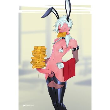 1boy :3 androgynous animal_ears closed_eyes commentary cowboy_shot detached_collar erection fake_animal_ears food food_in_mouth gloves highres navel nipple_piercing original piercing rabbit_ears symbol-only_commentary tailbox testicles waffle white_gloves