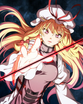 1girl arm_strap blonde_hair bow breasts dress hair_bow hat highres inuno_rakugaki long_hair long_sleeves looking_at_viewer medium_breasts mob_cap purple_eyes purple_tabard solo tabard touhou upper_body white_dress white_hat yakumo_yukari