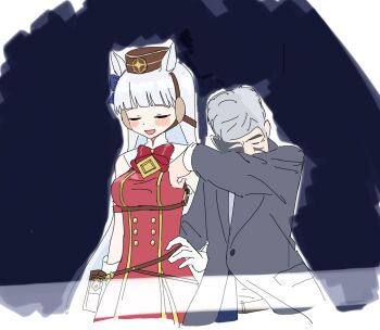 1boy 1girl animal_ears bag bare_shoulders belt bicep_strap black_suit blue_ribbon blunt_bangs blush bow bowtie brown_bag brown_belt brown_hat closed_eyes collar collared_shirt cowboy_shot crying dark_background formal_clothes gloves gold_ship_(red_strife)_(umamusume) gold_ship_(umamusume) grey_hair hair_ribbon hand_on_another's_back hand_on_own_face hand_on_own_hip hand_up hat headgear highres horse_ears horse_girl imanami_takatoshi jacket long_hair miyaya_miyako multicolored_strap o-ring o-ring_belt real_life red_ribbon red_shirt red_straps ribbon shirt short_hair simple_background sleeveless sleeveless_shirt smile strap suit suit_jacket umamusume white_background white_gloves white_shirt