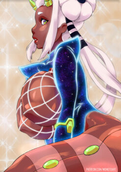 1girl artist_name breasts brown_background covered_erect_nipples cyborg dark-skinned_female dark_skin fishnets green_eyes horns huge_breasts kneeling leotard lips long_hair momotdart nippleless_clothes space_print star_(sky) starry_sky_print synica_(moikaloop) twintails white_hair