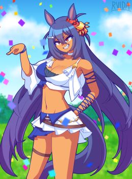 1girl absurdres animal_ears bandeau black_hair blue_bandeau blue_sky breasts choker cleavage cloud confetti dark-skinned_female dark_skin ear_ornament ear_scrunchie grass grin hair_between_eyes hair_ornament hairclip highres hishi_amazon_(azure_amazon)_(umamusume) hishi_amazon_(umamusume) horse_ears horse_girl horse_tail large_breasts long_hair looking_at_viewer navel open_mouth outdoors red_eyes red_scrunchie rvida scrunchie single_sleeve skirt sky smile solo stomach striped_clothes striped_scrunchie tail teeth two-tone_bandeau two-tone_skirt umamusume very_long_hair white_bandeau white_choker white_skirt