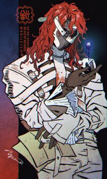 1boy absurdres aleph_(reverse:1999) anilesco artist_logo artist_name black_background black_gloves black_mask covered_face cracked_mask dice facing_viewer gloves hand_up highres holding holding_paper logo long_hair male_focus pants paper polyhedral_dice red_hair reverse:1999 shirt signature solo upper_body watermark white_pants white_shirt