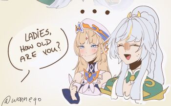 bare_shoulders beret blonde_hair blue_eyes blush chinese_clothes cross-shaped_pupils detached_sleeves embarrassed facial_mark forehead_mark genshin_impact hair_ornament hat long_hair multicolored_hair nicole_reeyn partially_shaded_face single_hair_streak streaked_hair sweatdrop symbol-shaped_pupils trait_connection two-tone_hair white_hair white_hat wonneqo x-shaped_eyewear zibai_(genshin_impact)