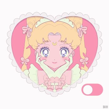 2girls animated animated_gif bishoujo_senshi_sailor_moon black_hair black_lady_(sailor_moon) blonde_hair blue_eyes bow brown_lips chibi_usa commentary crescent crescent_facial_mark double_bun facial_mark forehead_mark hair_bow hair_bun head_rest heart looping_animation multiple_girls pink_hair princess_serenity red_eyes symbol-only_commentary tiara tsukino_usagi twintails vivinos watermark white_background