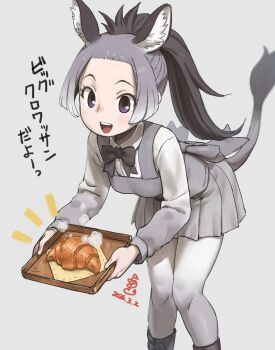 Rule 34 | 1girl, animal ears, apron, black eyes, black hair, boots, bow, bowtie, bread, commentary request, donkey (kemono friends), donkey ears, donkey girl, donkey tail, extra ears, food, grey background, grey hair, highres, ito yoki, kemono friends, long hair, looking at viewer, multicolored hair, pantyhose, shirt, simple background, skirt, solo, tail, translation request, two-tone hair