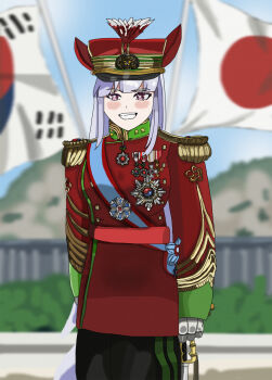 animal_ears gold_ship_(umamusume) hat highres horse_ears horse_girl image_sample imperial_korean_army jacket japan k3bbys kepi korean_empire long_hair medal military_hat military_jacket military_uniform pixiv_sample purple_eyes sash south_korean_flag umamusume