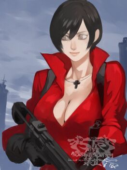 1girl 5tatsu ada_wong artist_name black_gloves black_hair bow_(weapon) breasts cleavage closed_mouth collared_shirt commentary_request cross cross_necklace crossbow gloves grey_eyes hair_between_eyes highres holding holding_crossbow holding_weapon jewelry large_breasts necklace popped_collar red_shirt resident_evil resident_evil_6 shirt short_hair sketch smile solo upper_body weapon