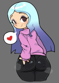 Rule 34 | 1girl, andrea davenport, artist request, ass, black pants, blue hair, brown eyes, disney, eyelashes, eyeshadow, female focus, freckles, grabbing own ass, heart, hood, hoodie, huge ass, jacket, latex, latex pants, long hair, looking at viewer, looking back, makeup, pale-skinned, pale-skinned-female, pale skin, panties visible through clothes, pants, pink hoodie, pink jacket, purple eyeshadow, simple background, smile, solo, solo focus, speech bubble, steam, sweat, sweatdrop, the ghost and molly mcgee