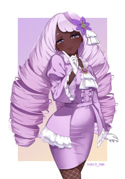 1girl absurdres ascot closed_mouth commentary cowboy_shot dark-skinned_female dark_skin dress drill_hair eyelashes fishnet_pantyhose fishnets gloves gradient_background half-closed_eyes hand_up head_tilt highres index_finger_raised jacinthe_(pokemon) long_hair looking_at_viewer nintendo obi3 pantyhose pokemon pokemon_legends:_z-a purple_dress purple_hair solo twin_drills twintails twitter_username white_ascot white_gloves