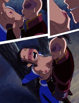 1boy 1girl avatar:_the_last_airbender avatar_legends blush brainiacx breasts comic grabbing_another's_breast groping hetero katara nature nipples open_mouth outdoors plant teeth tongue tongue_out zuko