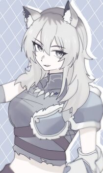 1girl animal_ear_fluff animal_ear_piercing animal_ears argyle_background armor belt breasts brown_belt couter cropped_shirt double-parted_bangs drop_shadow earclip fang girls_band_cry girls_band_cry_rpg grey_background grey_eyes grey_hair grey_shirt hair_between_eyes high_belt highres jewelry kawaragi_momoka kemonomimi_mode large_breasts looking_at_viewer mandarin_collar medium_hair midriff multicolored_hair multiple_piercings n_nai_nai_n necklace pauldrons roots_(hair) shirt shoulder_armor simple_background single_pauldron skin_fang sleeveless sleeveless_shirt smirk solo tooth_necklace torn_clothes torn_shirt two-tone_hair upper_body upturned_eyes wolf_ears wolf_girl