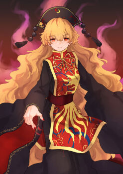 Rule 34 | 1girl, absurdres, black dress, blonde hair, chinese clothes, closed mouth, commentary request, dalachi (headdress), dress, fiery background, fire, gradient background, hair between eyes, highres, junko (touhou), long hair, long sleeves, looking at viewer, nail polish, neold, red eyes, red nails, red tabard, sash, smile, solo, tabard, touhou, very long hair, wavy hair, wide sleeves