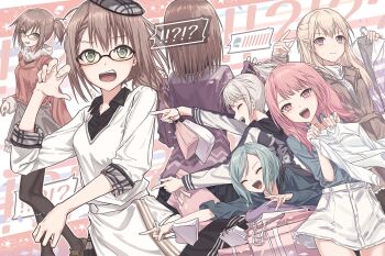 !? 5girls ^_^ abstract_background alternate_hairstyle aqua_hair bag bang_dream! bang_dream!_girls_band_party! beret black_jacket black_pantyhose blonde_hair blue_shirt blush brown_hair casual closed_eyes clothes_writing coat commentary_request flying_sweatdrops fur-trimmed_coat fur_trim glasses green_eyes green_jacket grey_skirt hair_ornament hair_scrunchie half_updo hat highres hikawa_hina holding holding_shirt holding_unworn_clothes jacket long_hair long_sleeves maruyama_aya multiple_girls multiple_views open_mouth pantyhose pastel_palettes_(bang_dream!) pink_eyes pink_hair ponytail purple_eyes revision ribbed_sweater scrunchie shirasagi_chisato shirt shopping_bag short_hair sidelocks skirt sleeves_past_wrists smile spoken_blush spoken_flying_sweatdrops star_(symbol) star_symbol_background sweatdrop sweater swept_bangs turtleneck turtleneck_sweater unworn_shirt wakamiya_eve white_hair white_shirt white_skirt yamato_maya yukitake_(bullfalk)