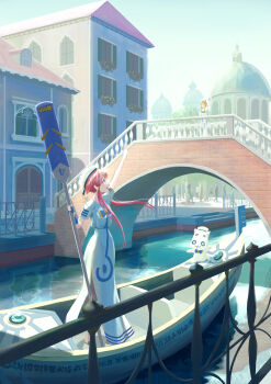 1girl 2girls absurdres alicia_florence animirtz aria_(manga) aria_company_uniform aria_pokoteng blouse blue_bow blue_bowtie blue_gloves bow bowtie bridge building cat chevron_(symbol) city commentary_request day dress fence fingerless_gloves gloves gondola green_eyes hair_tubes hat highres holding holding_oar long_dress looking_at_another mizunashi_akari multiple_girls neo-venezia oar open_mouth outdoors outstretched_arm patch pink_hair road sailor_hat scenery shirt short_hair_with_long_locks short_sleeves side_slit single_glove sky sleeveless sleeveless_dress smile standing street summer_uniform thick_eyebrows water waving_arm white_cat white_dress white_hat white_shirt white_sky