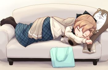 1girl akigumo_(kancolle) akigumo_kai_ni_(comiket)_(kancolle) akigumo_kai_ni_(kancolle) black_socks blue_skirt bokukawauso brown_hair brown_shawl couch highres kakizaki_(chou_neji) kantai_collection long_hair long_skirt official_alternate_costume plaid_clothes plaid_skirt shawl skirt sleeping socks solo stuffed_otter sweater white_sweater