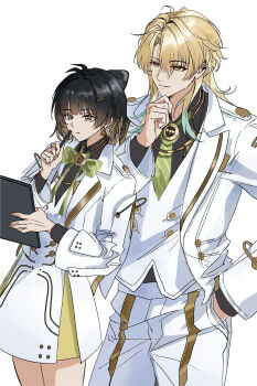 1boy 1girl absurdres black_hair blonde_hair bow bowtie chinese_commentary closed_mouth commentary_request dress female_rover_(wuthering_waves) green_bow green_bowtie green_necktie hair_between_eyes hair_ribbon hand_in_pocket hand_up highres holding holding_pen jacket light_smile luuk_herssen_(wuthering_waves) minglu_(gululu) multicolored_hair necktie pants pen red_eyes ribbon rover_(wuthering_waves) streaked_hair white_dress white_jacket white_pants wuthering_waves yellow_eyes yellow_ribbon