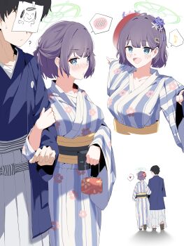 1boy 1girl absurdres arm_hug doodle_sensei_(blue_archive) blue_archive flower hair_flower hair_ornament halo heart highres japanese_clothes kimono mask mask_on_head multiple_views official_alternate_costume paper_on_head plentyofempty pointing pointing_at_another saki_(blue_archive) sensei_(blue_archive) simple_background spoken_heart white_background yukata