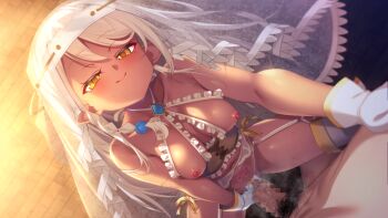 1boy 1girl blush boots breasts censored corset cowgirl_position dark-skinned_female dark_skin erection frilled_corset frills game_asset garter_belt garter_straps gloves grabbing_another's_penis guided_penetration hetero just_the_tip leane_(reijuu_no_acolyte_lufia) long_hair looking_at_viewer mosaic_censoring navel nipples non-web_source penis pointy_ears pov reijuu_no_acolyte_lufia sex small_breasts smile solo_focus spread_legs straddling sweat tanabe_kyou thigh_boots vaginal veil visual_novel_cg white_hair yellow_eyes