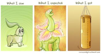 3koma brown_background bummerdude chikorita comic creature english_text evolution failure gameplay_mechanics gen_2_pokemon gradient_background green_background happy irony looking_at_viewer looking_up meganium meme nintendo no_humans open_mouth orange_background pokemon pokemon_(creature) pun punching_bag red_eyes sepia_background smile standing watermark web_address what_i_watched_what_i_expected_what_i_got_(meme)