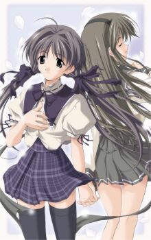 absurdres black_bow black_hairband bow brown_hair hairband highres hizuki_ayaka holding_hands long_hair low_twintails memories_off memories_off_1 memories_off_2nd non-web_source official_art school_uniform shirakawa_hotaru simple_background twintails